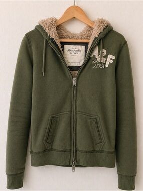 Abercrombie & Fitch Sherpa Lined Zip Hoodie Olive Green Y2K Bella Swan Size L